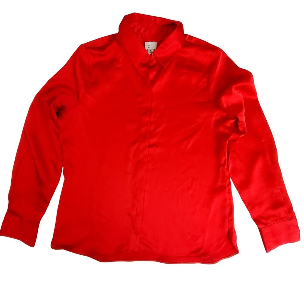 A New Day Womens Red Satin Long Sleeve Blouse Button-down closure   Size Small